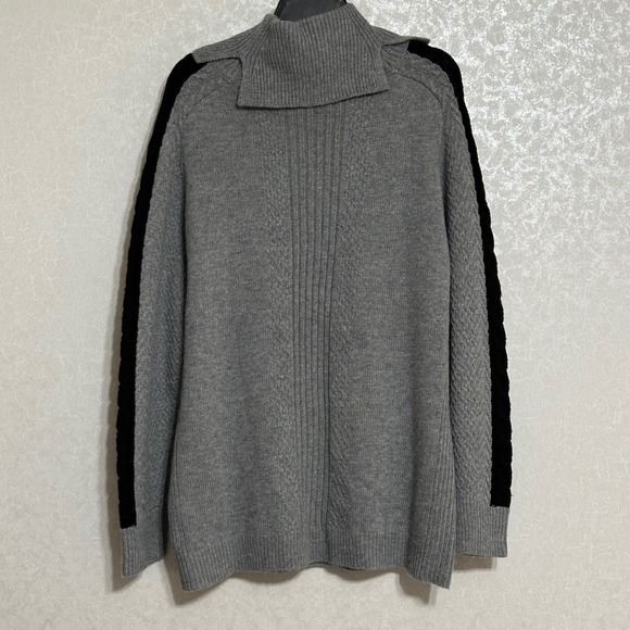 Renuar XL Gray Black Cable Knit Split Cowl Neck Tunic Sweater Dolman Long Sleeve - Picture 2 of 5